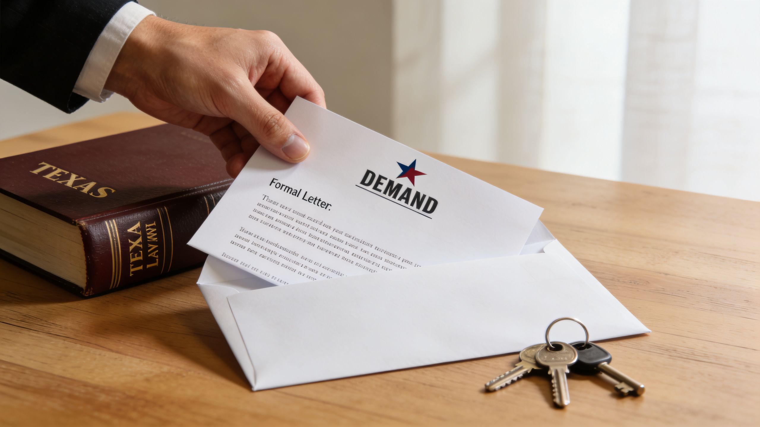 A legal professional handing over a formal demand letter next to a Texas law book and keys.