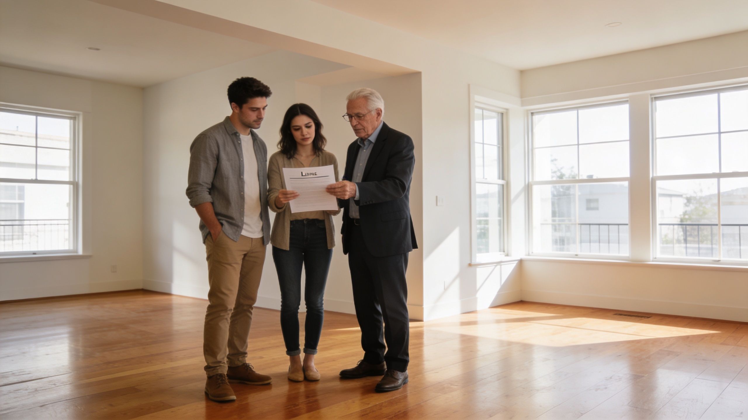 A real estate agent reviews a rental lease agreement with a young couple inside an empty house.