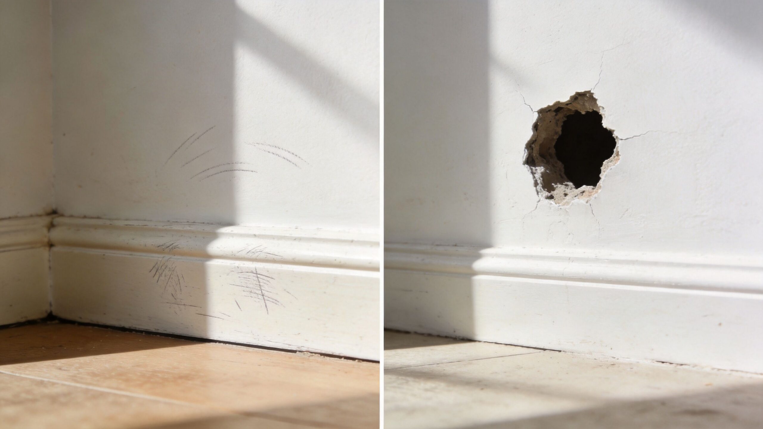 A split image showing wall damage before and after a large hole was created in a home.