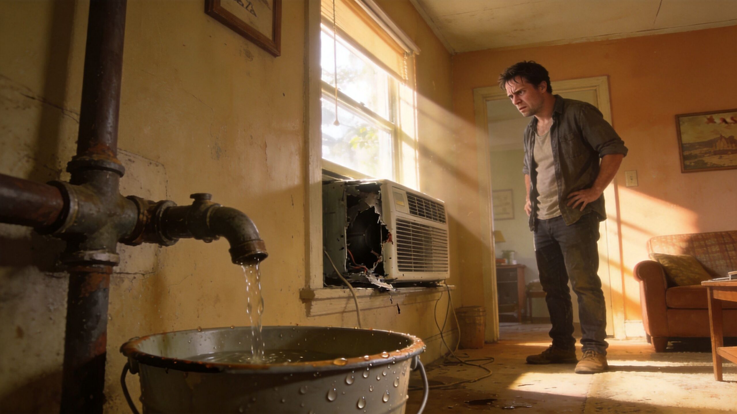 A distressed tenant looking at a leaking pipe and a damaged air conditioning unit in his home.