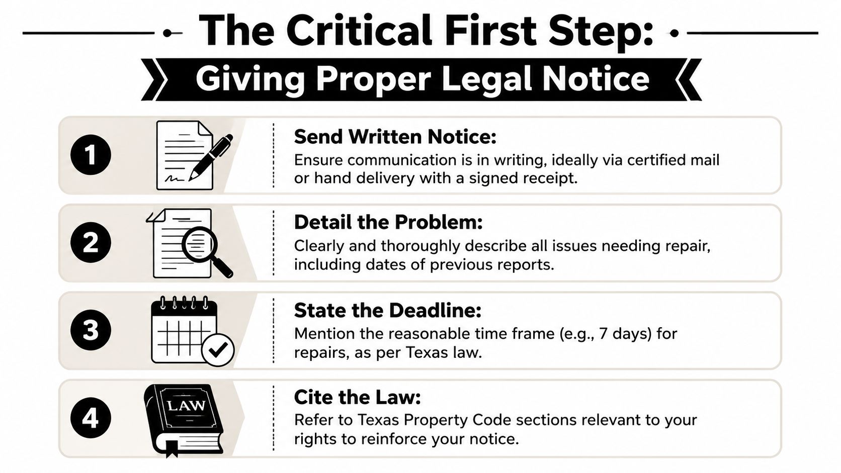 An infographic titled The Critical First Step: Giving Proper Legal Notice, outlining four steps for tenants.