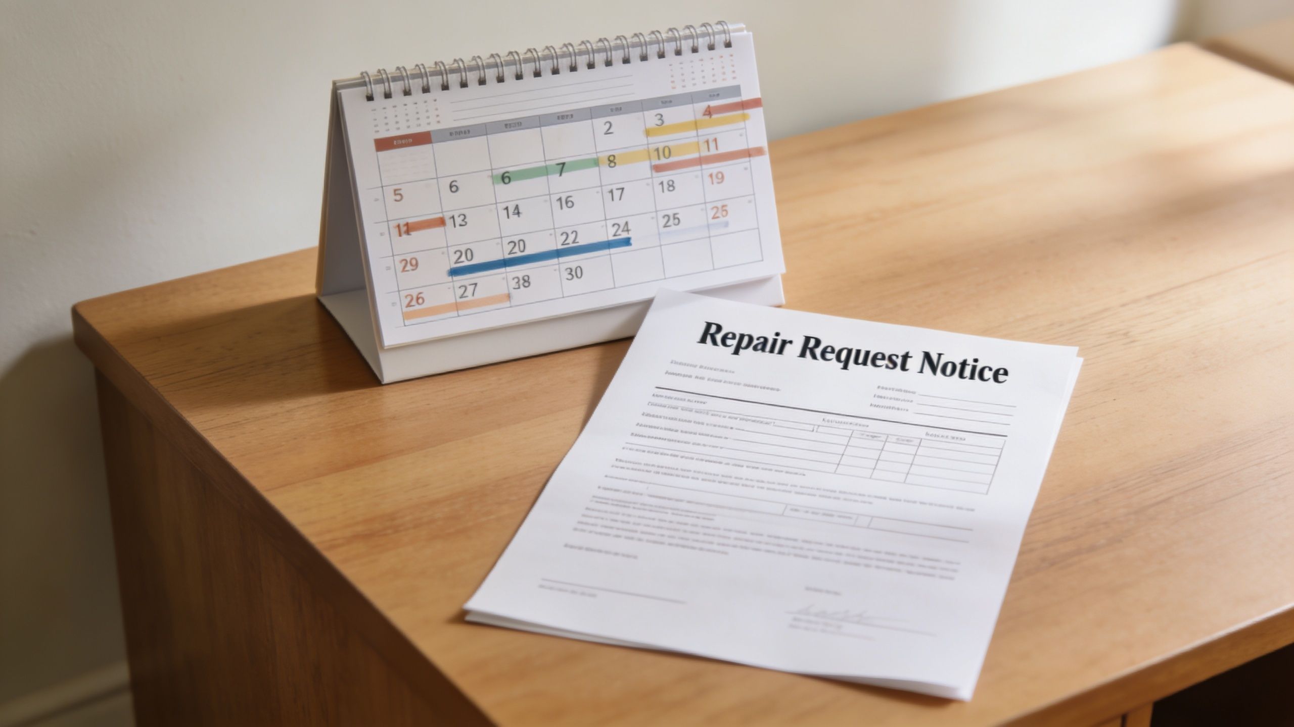 A repair request notice document rests on a wooden desk next to an open desk calendar.
