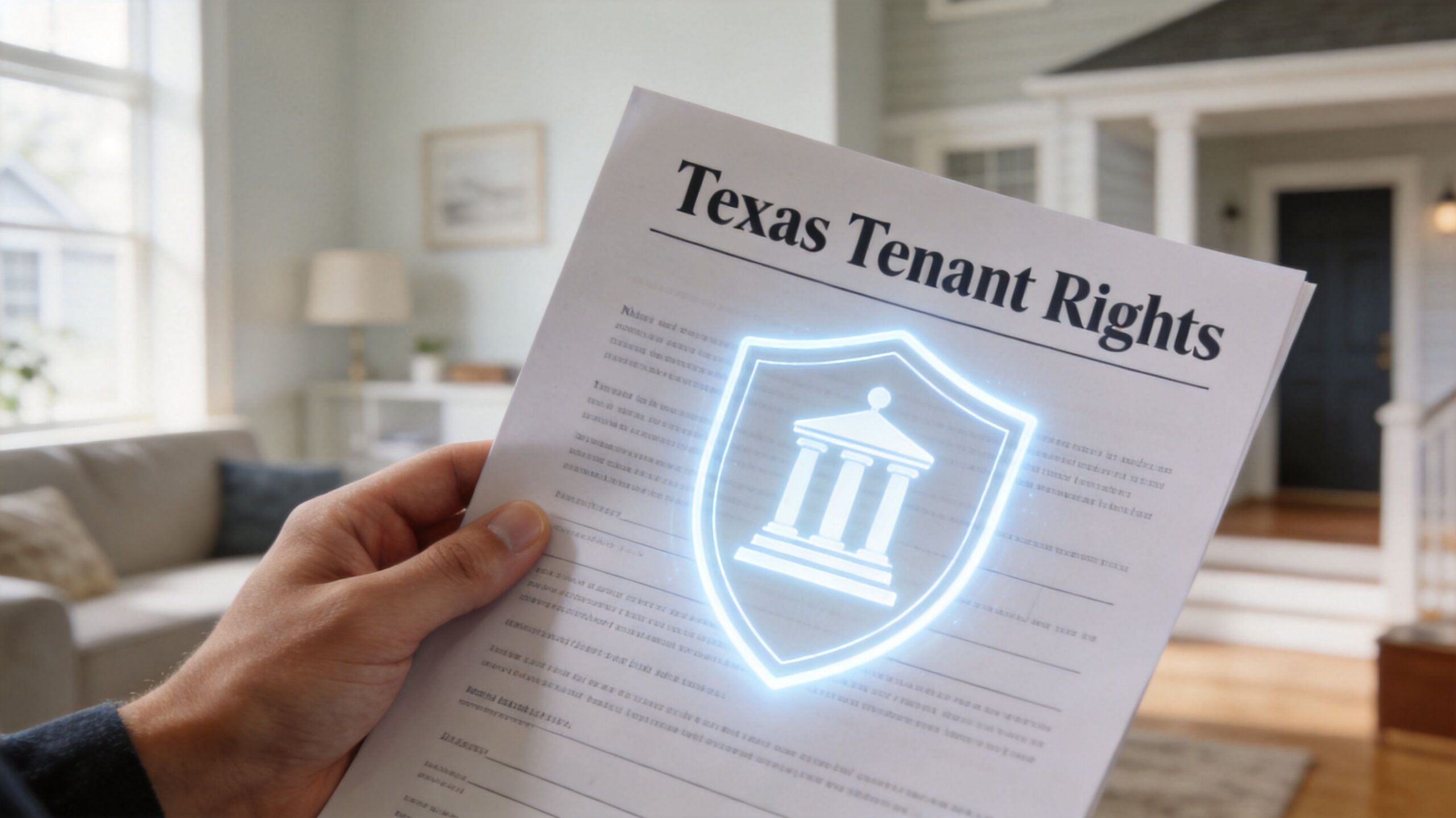 A person holding a document titled Texas Tenant Rights with a glowing digital protection shield icon.
