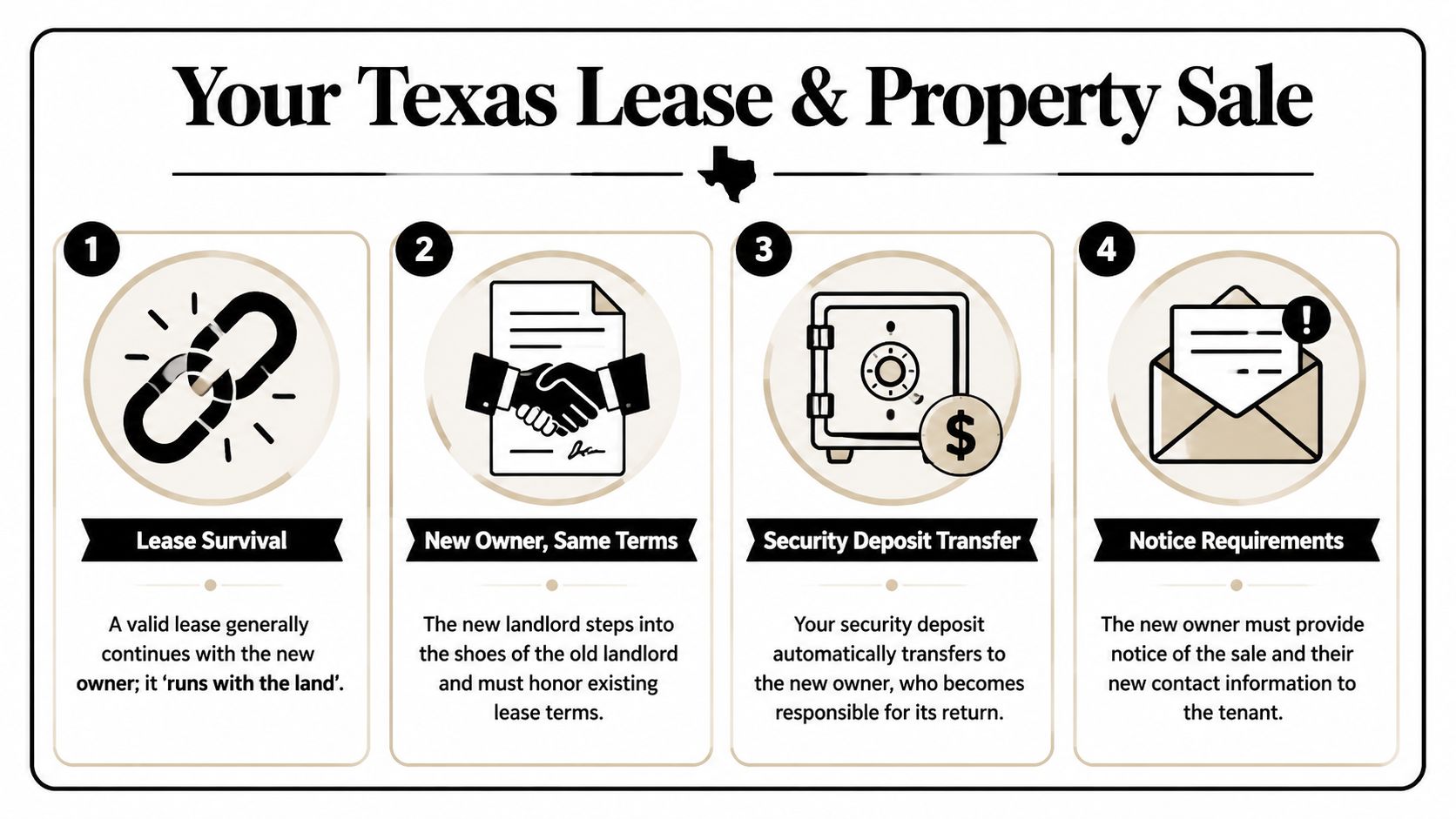 An infographic detailing four legal rights for Texas tenants when their rental property is sold to new ownership.