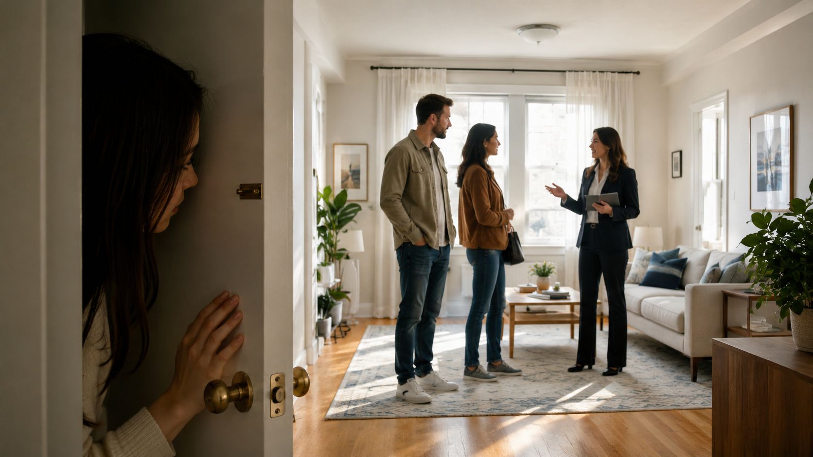 A woman peeks around a door at a real estate agent showing a home to a couple.