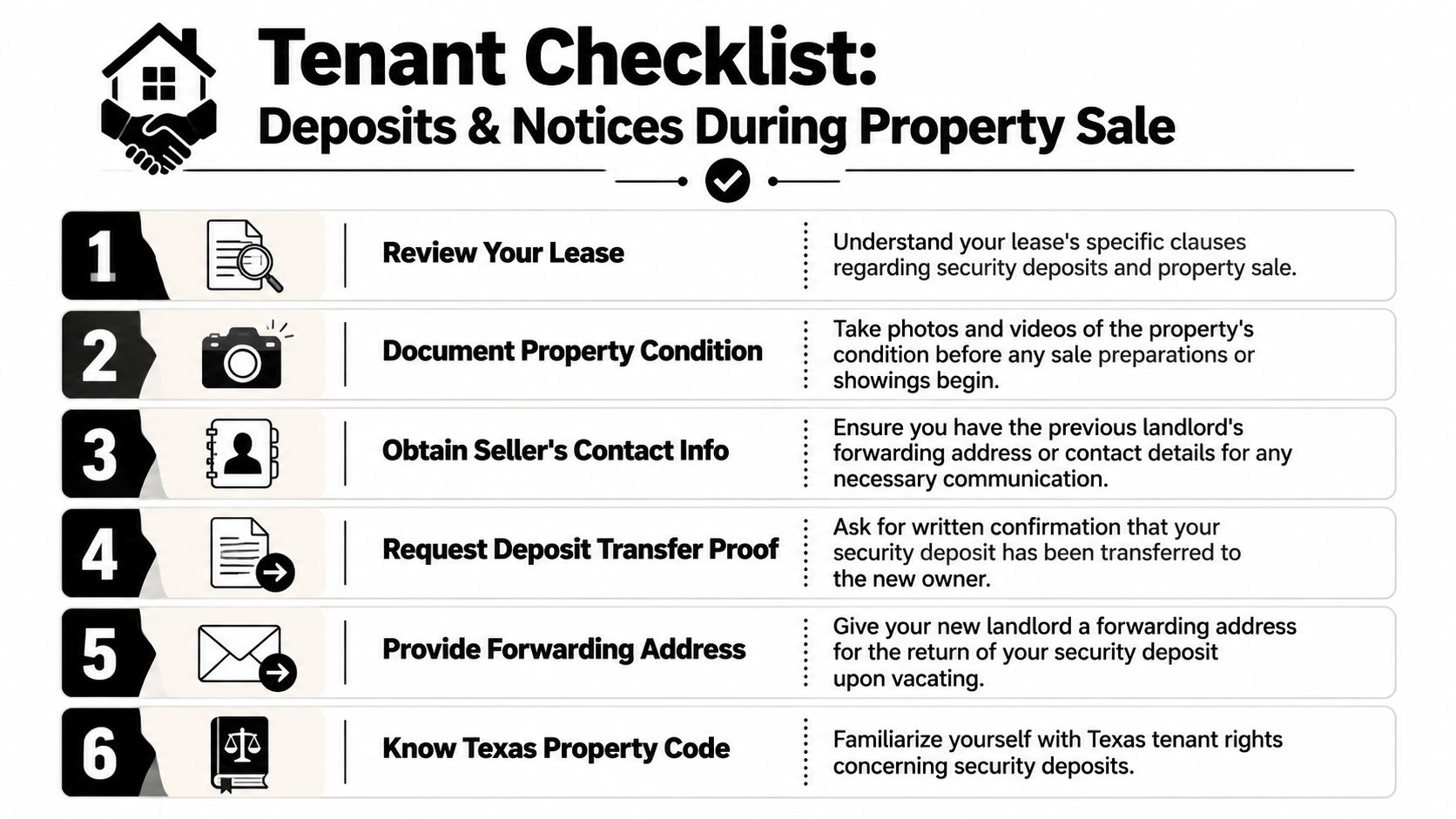 A tenant checklist explaining six essential steps for protecting security deposits during a Texas property sale.