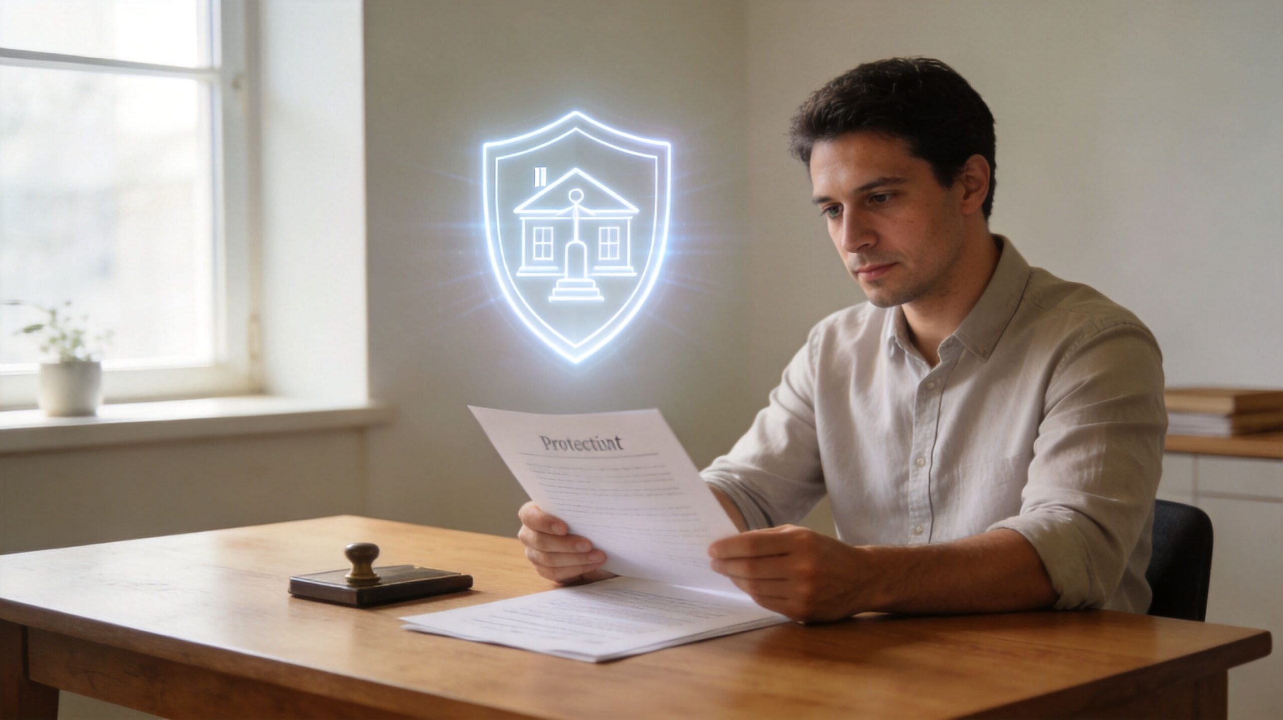 A man sits at a desk examining legal documents with a glowing house protection icon above.