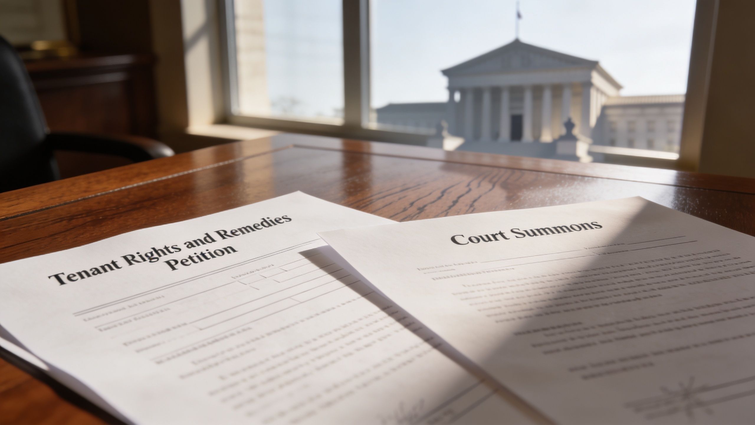 A legal petition and court summons document resting on a wooden desk with a government building in background.