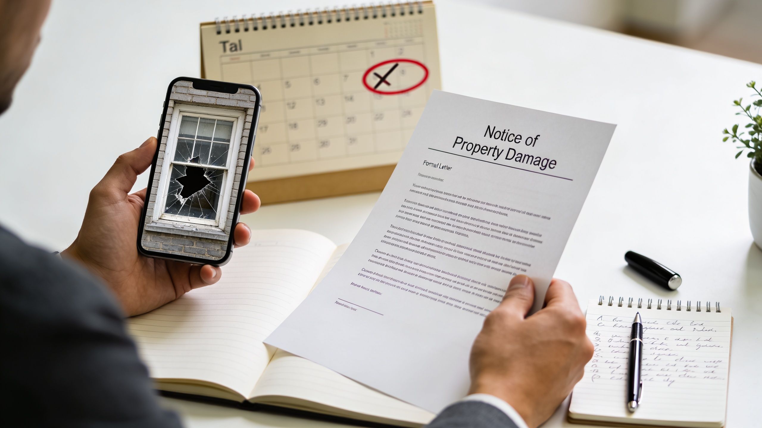 A person holding a phone showing a broken window next to a notice of property damage document.