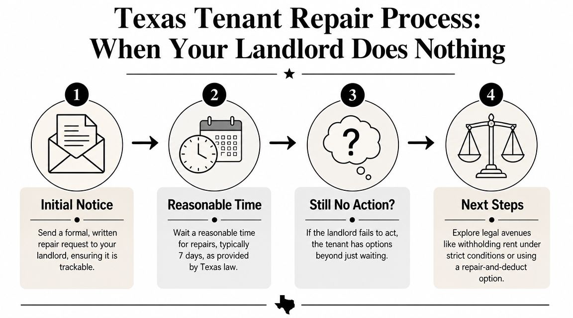 A four-step infographic showing the legal process for Texas tenants when a landlord ignores repair requests.