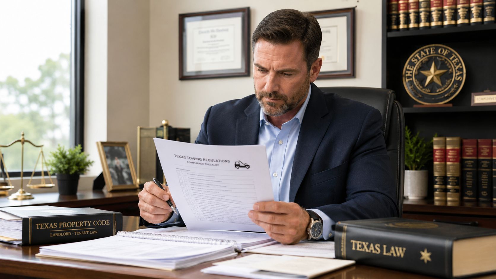 A professional attorney at his desk reviewing a Texas towing regulations compliance checklist document.