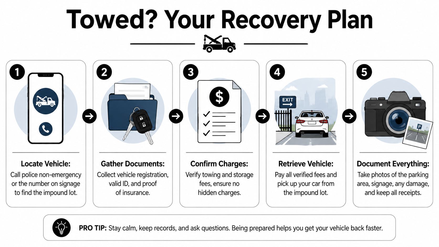 An infographic titled Towed? Your Recovery Plan showing five numbered steps for recovering a towed vehicle.