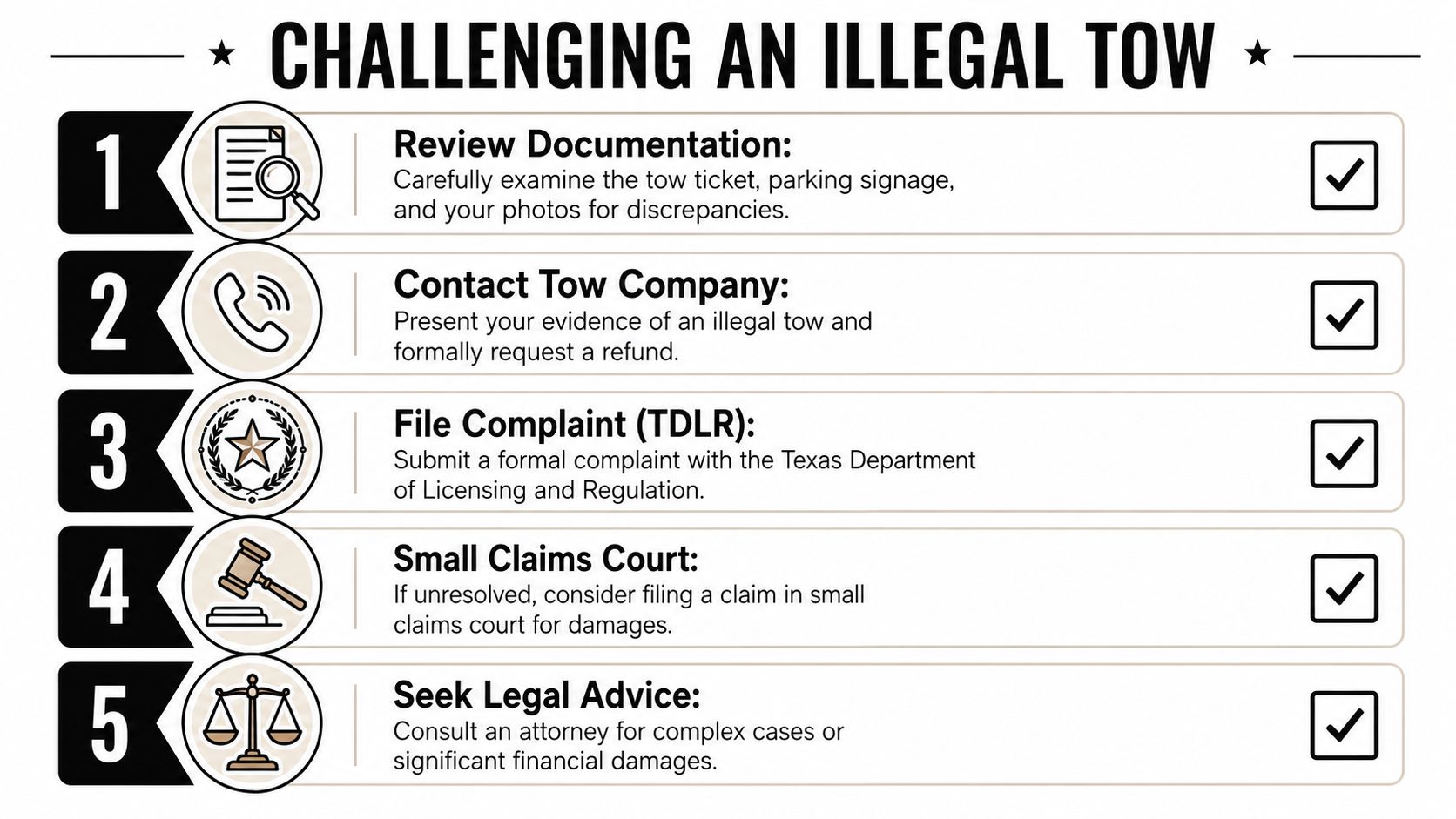 A five-step guide outlining how to challenge an illegal tow, including filing complaints and legal actions.