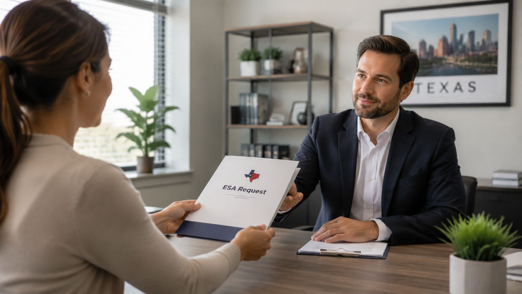 A professional man in a suit hands an ESA Request document to a woman across a desk.