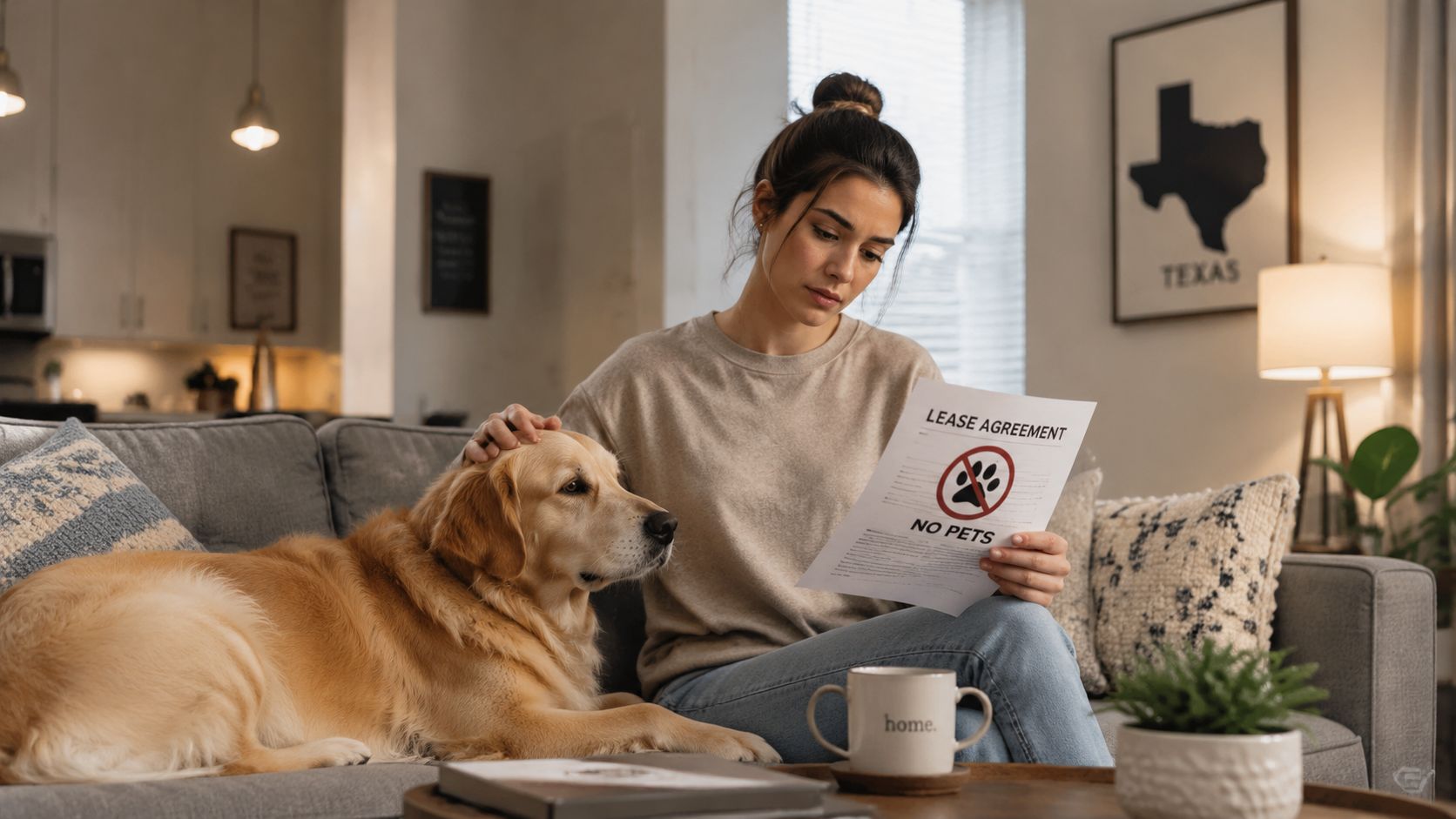 A woman sitting on a couch with her golden retriever while reading a no pets lease agreement.