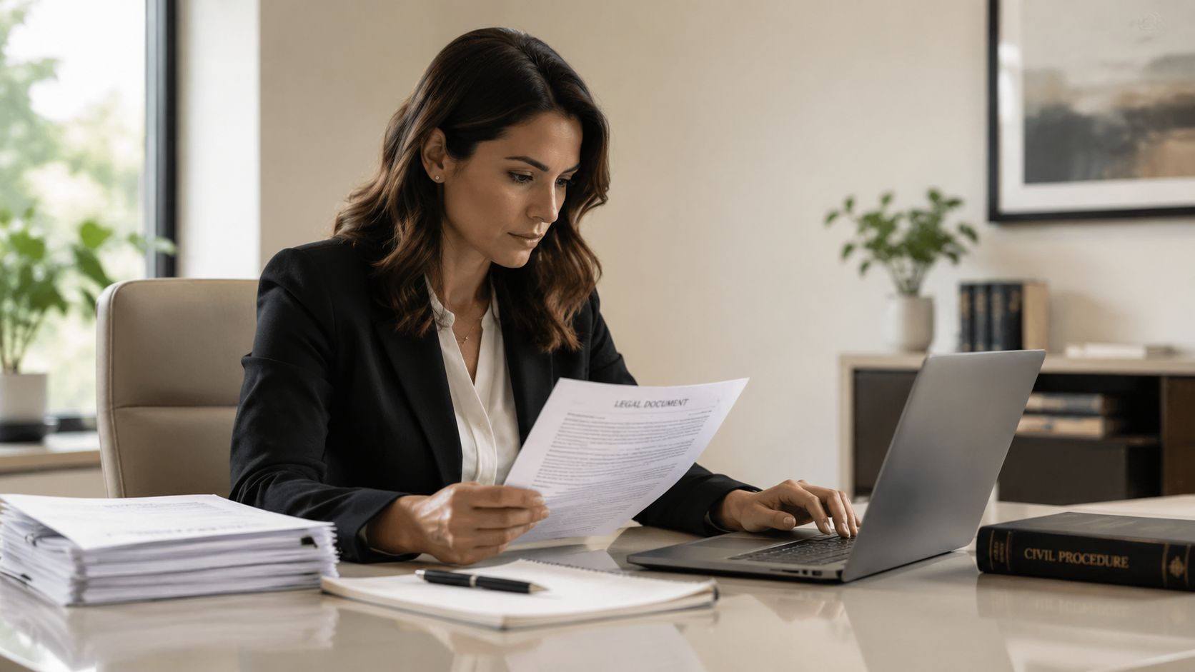 A professional female attorney reading a legal document while working on her laptop in an office.