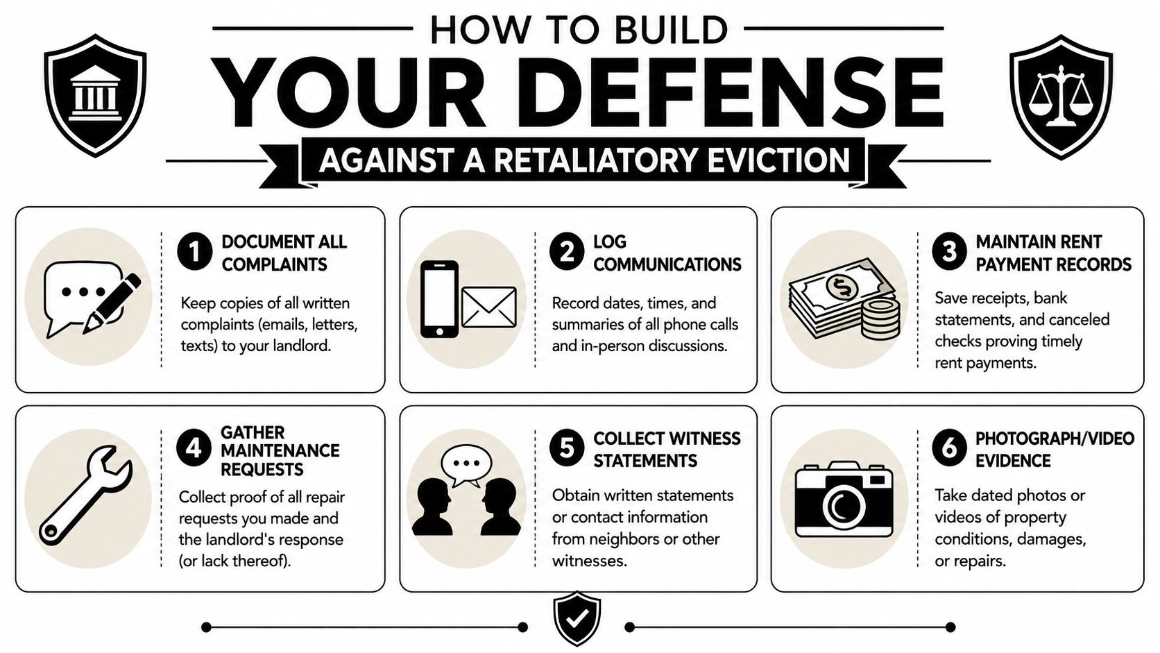 An infographic titled How to Build Your Defense Against a Retaliatory Eviction with six numbered steps.