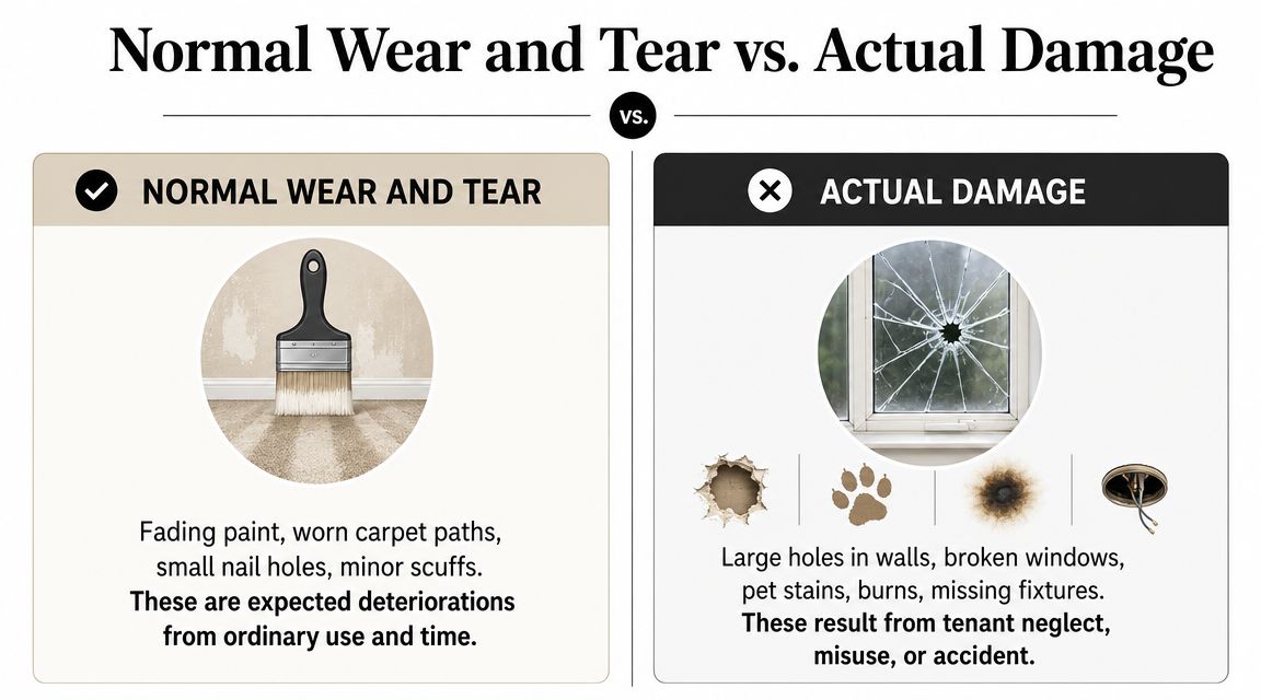 An infographic comparing normal wear and tear versus actual damage with examples for property rentals.