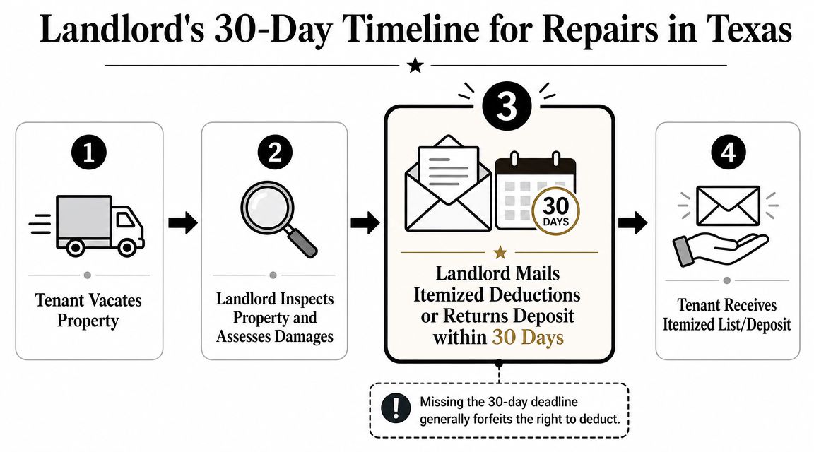 A flow chart illustrating the 30-day timeline for Texas landlords to return security deposits or itemize deductions.