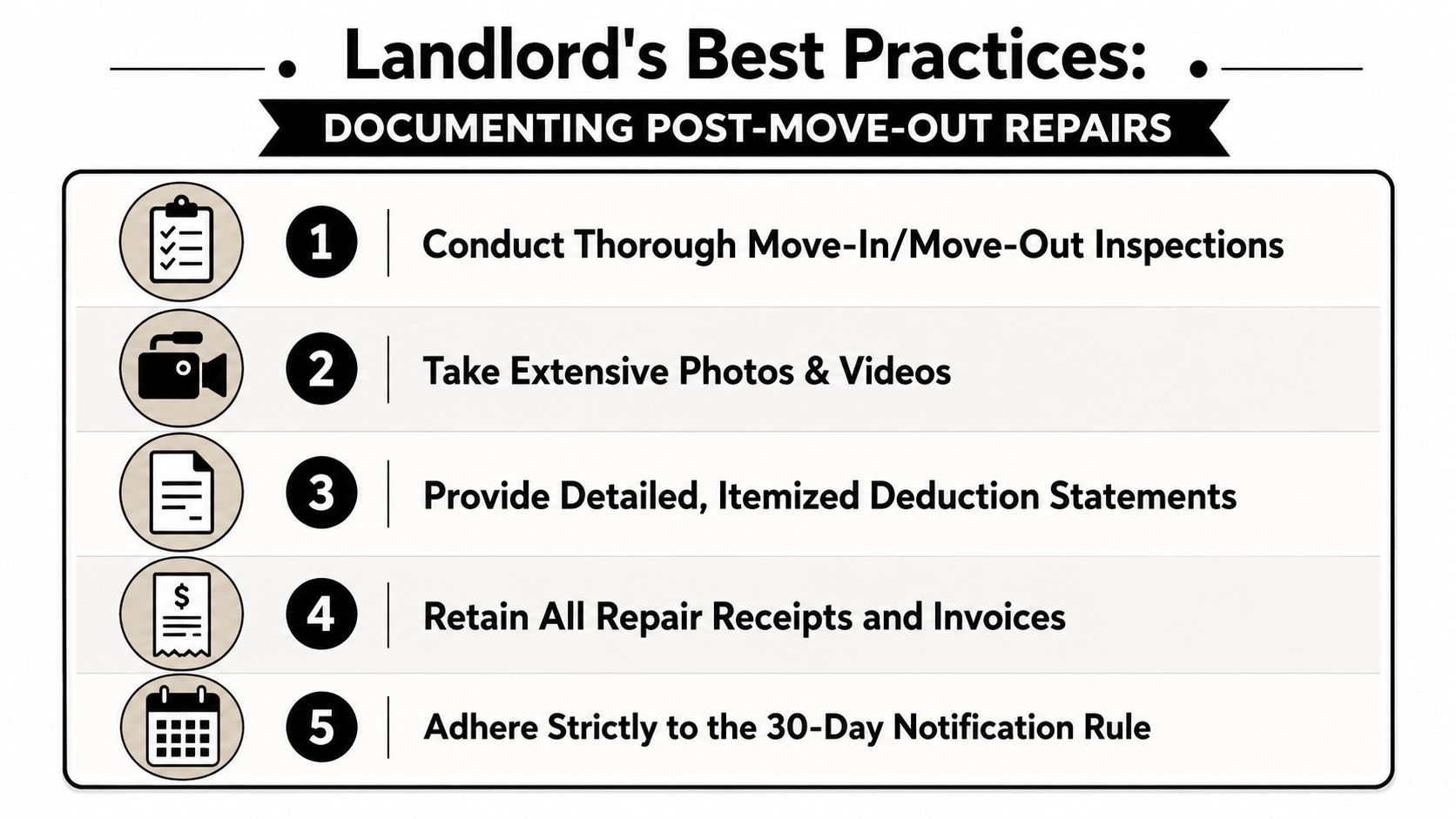 A list of five essential landlord best practices for documenting repairs after a tenant moves out.