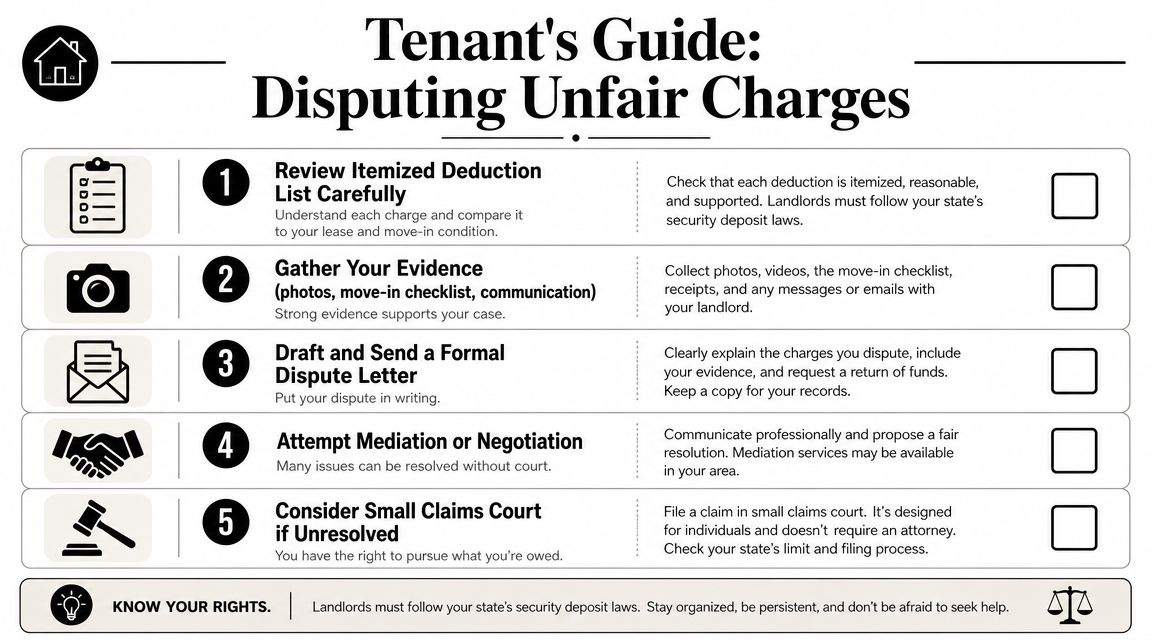 A five-step infographic guide for tenants on how to dispute unfair security deposit charges from their landlord.
