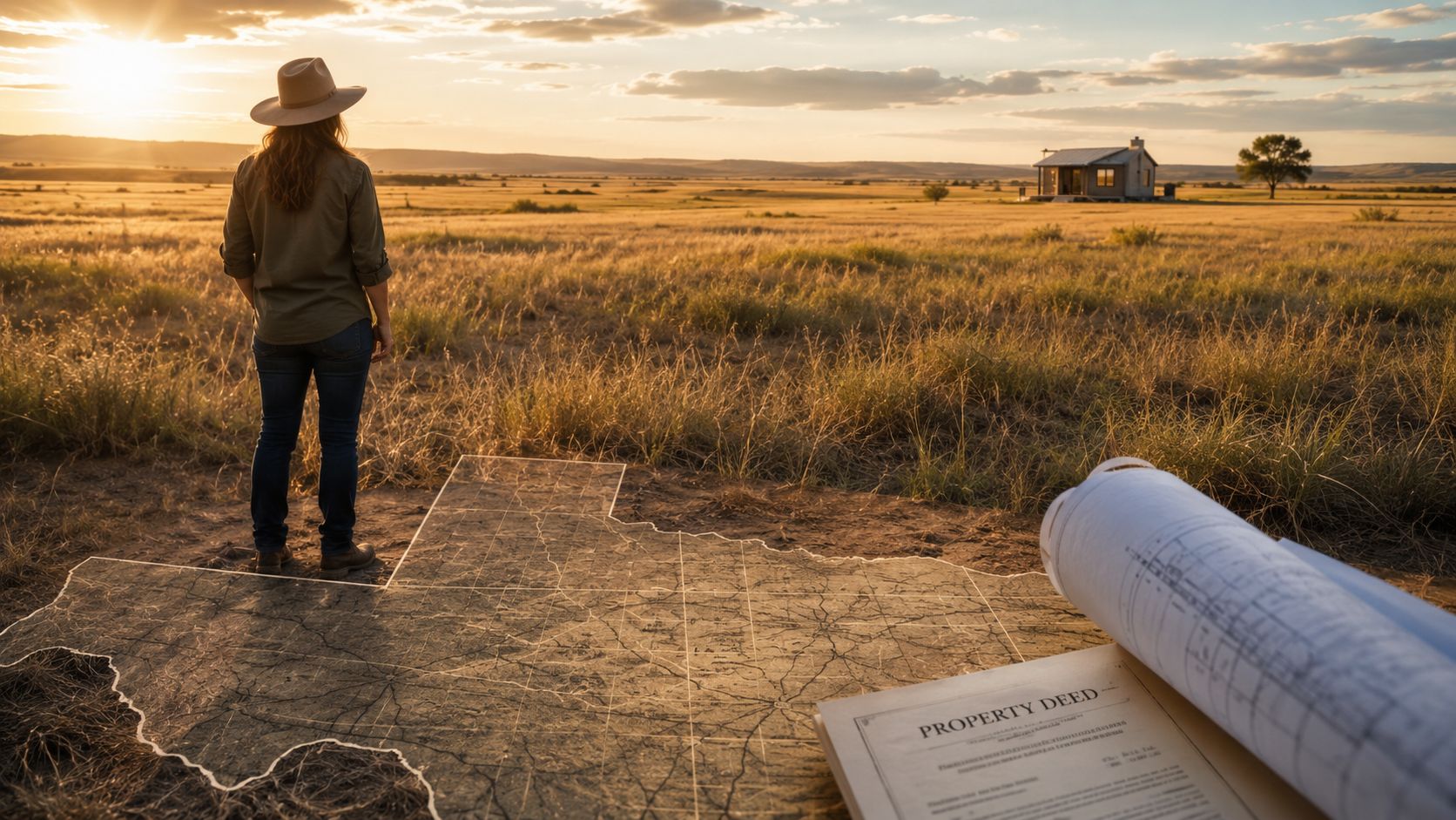 A person in a cowboy hat standing over a Texas-shaped land map with property documents at sunset.