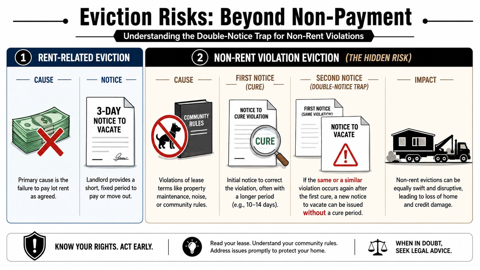 An infographic explaining eviction risks for mobile homes, detailing rent-related and non-rent violation legal processes.