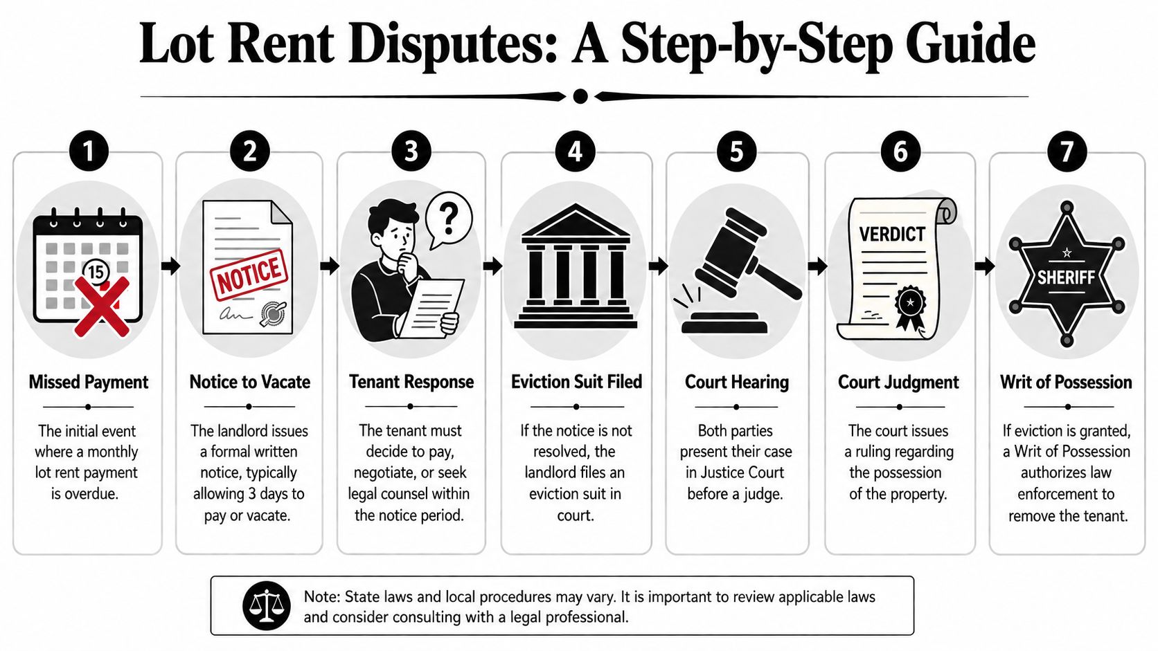 A seven-step flowchart infographic illustrating the legal process for resolving lot rent disputes and potential eviction.