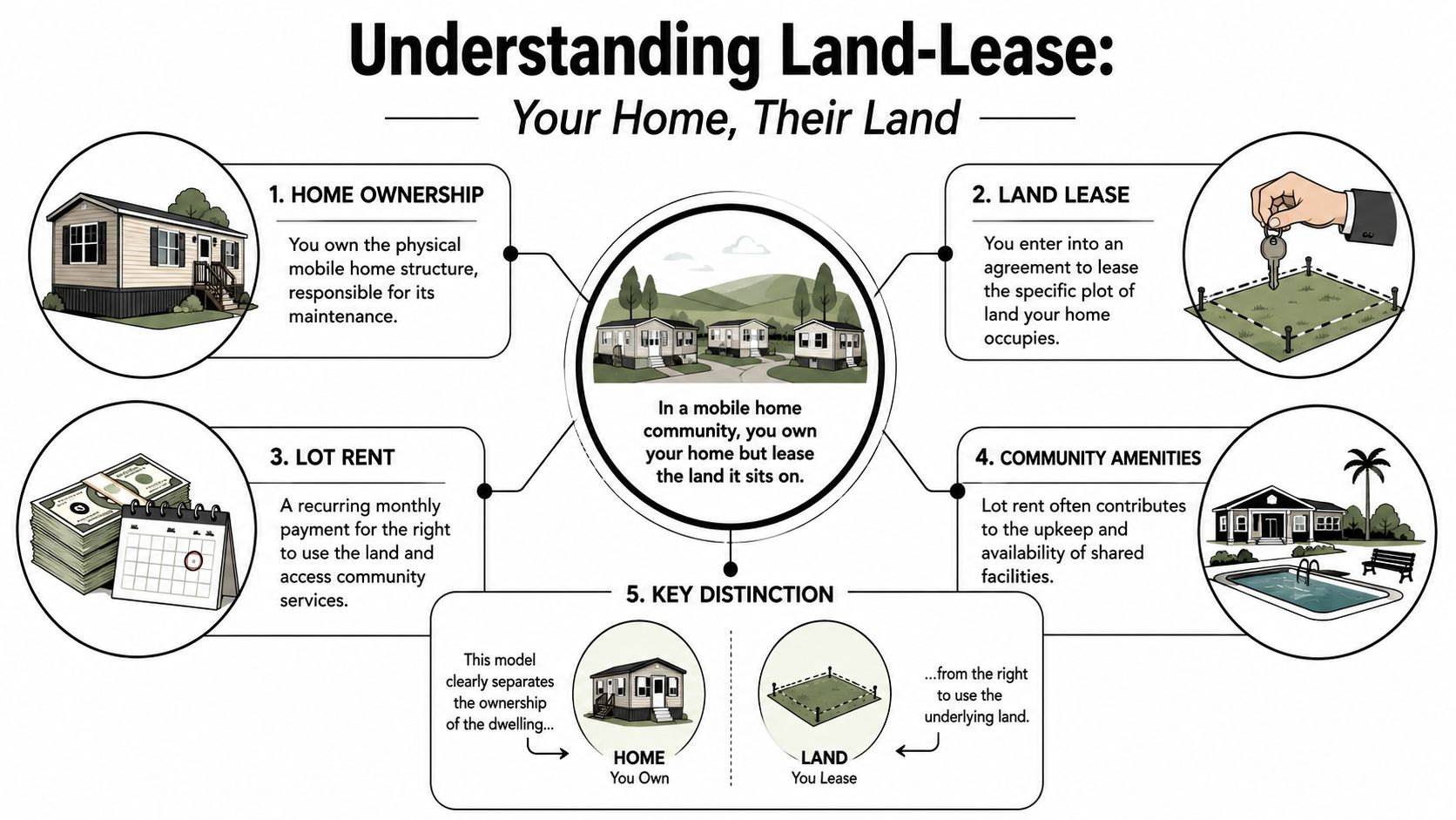 An infographic explaining the land-lease model for mobile home communities, detailing ownership, lot rent, and amenities.