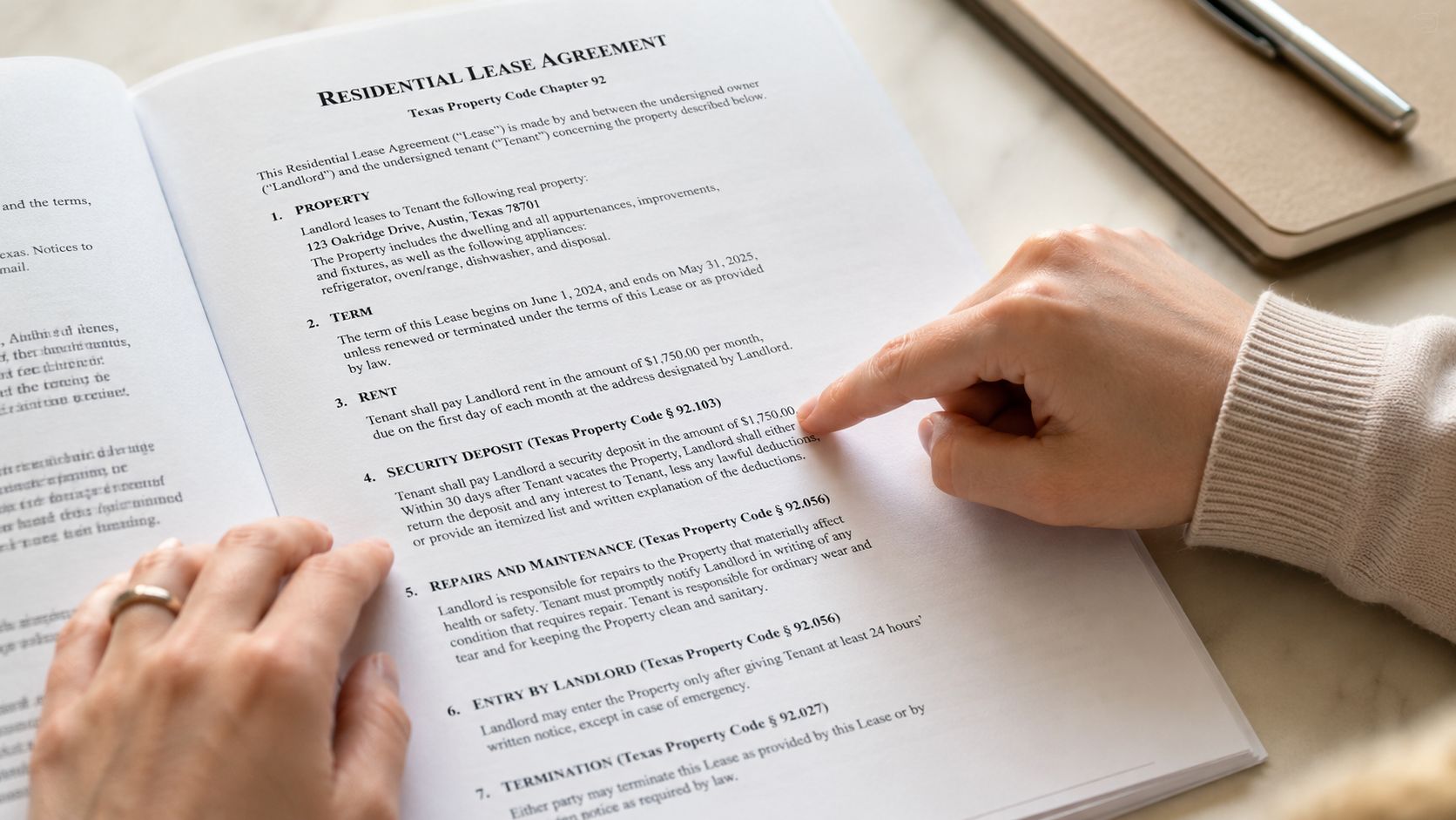 A person reading a residential lease agreement document while pointing at the security deposit section.