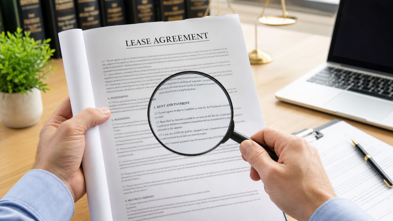 A person holding a magnifying glass over a lease agreement document at a desk with office supplies.
