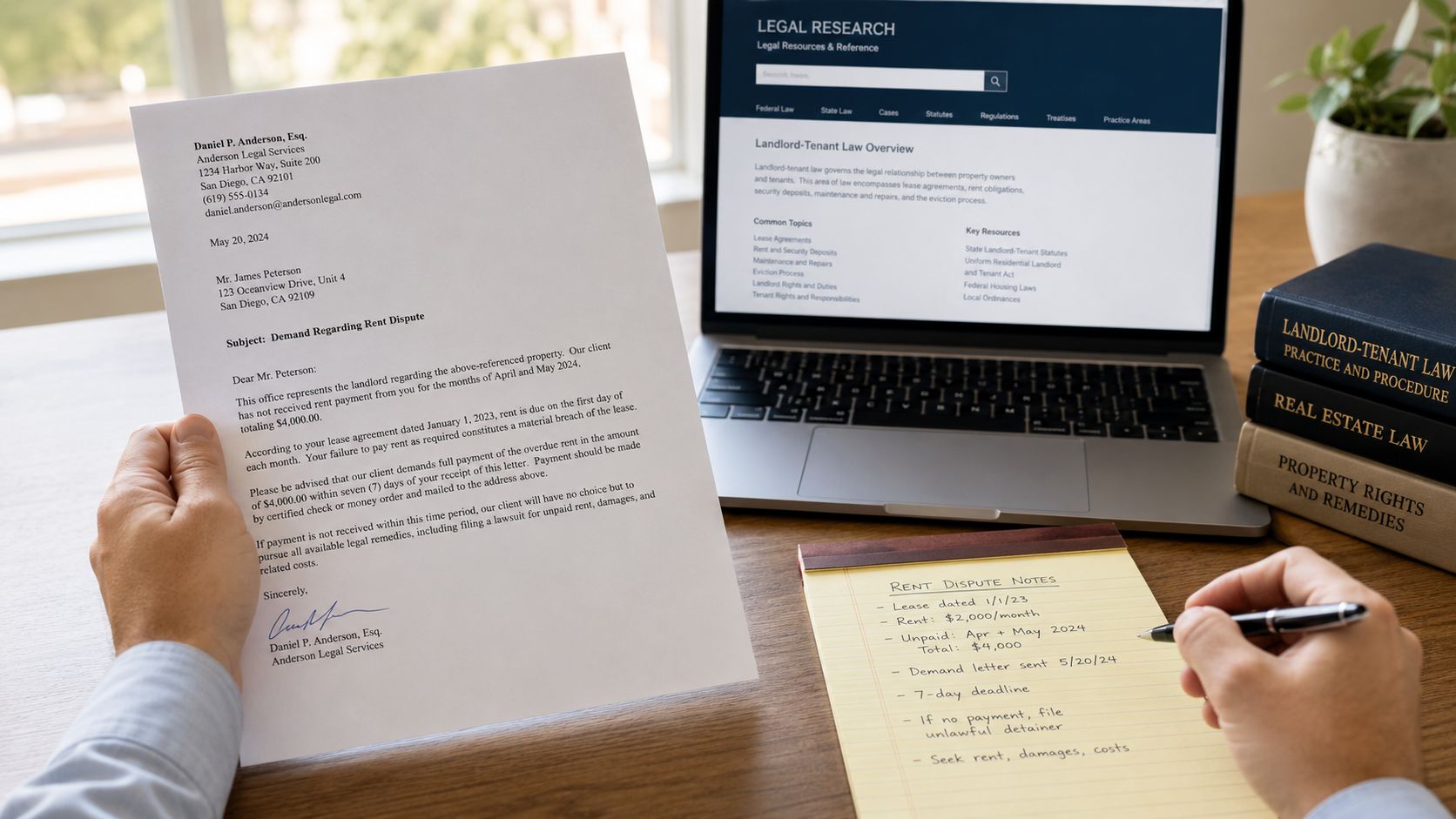 A legal professional reviews a rent dispute demand letter at a desk with reference books and notes.