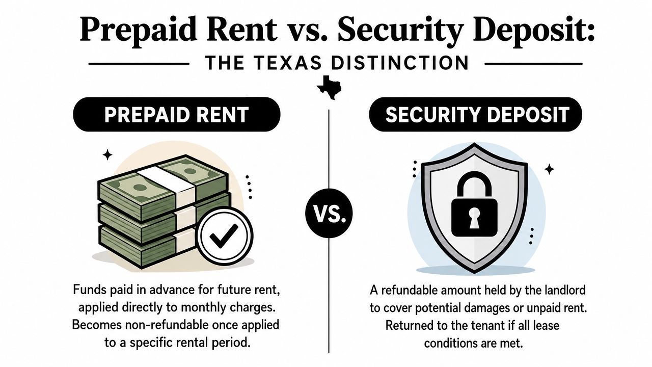 An infographic comparing prepaid rent and security deposits in Texas with definitions for both terms.