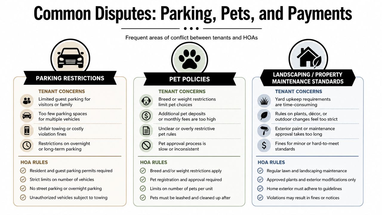 An infographic detailing common disputes between tenants and HOAs regarding parking, pet policies, and property maintenance standards.