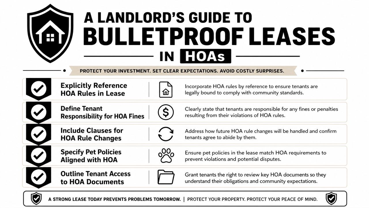 An infographic titled A Landlord's Guide to Bulletproof Leases in HOAs, outlining essential lease clauses for property owners.