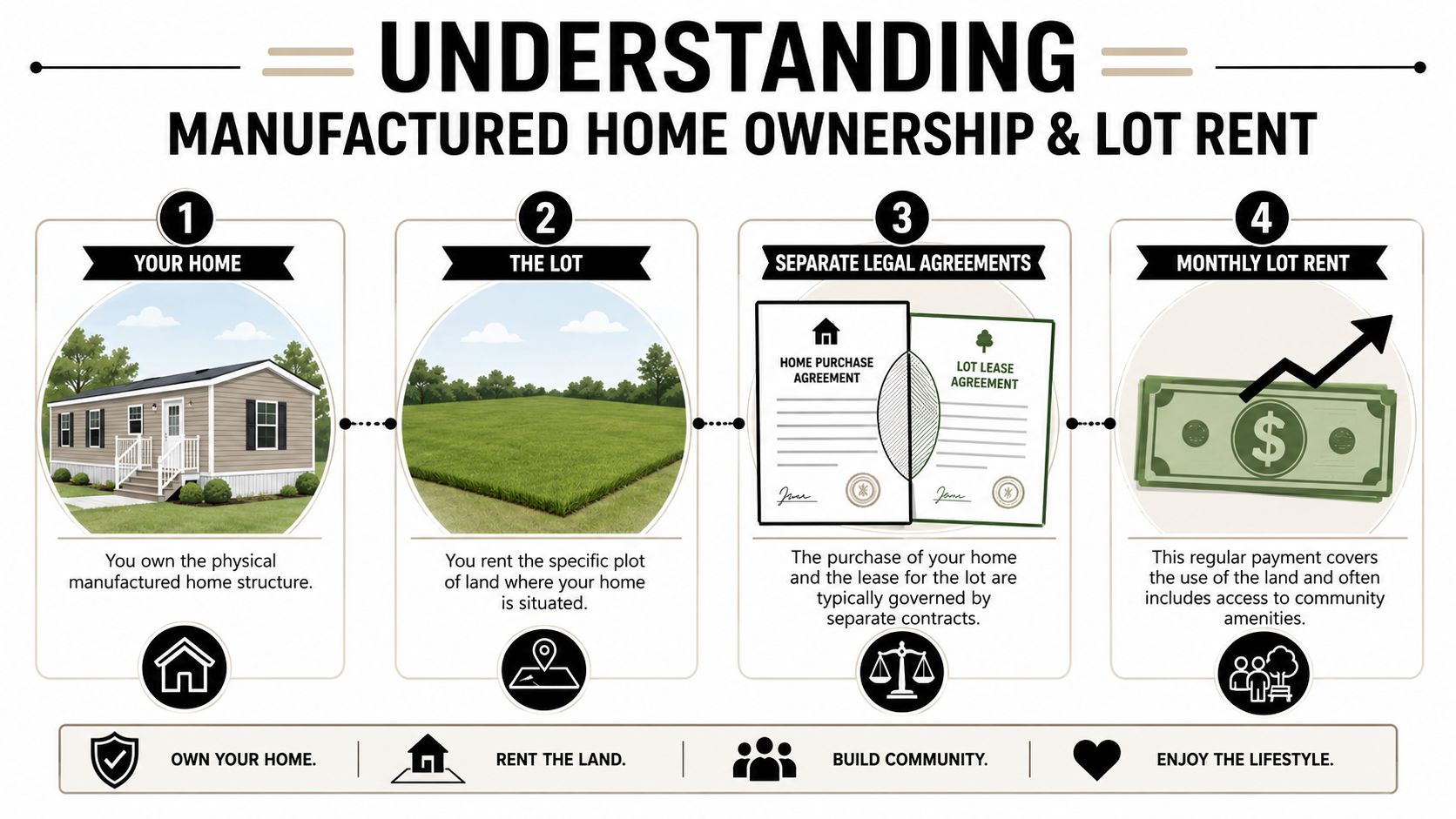 An infographic explaining the distinction between owning a manufactured home and renting the land underneath it.