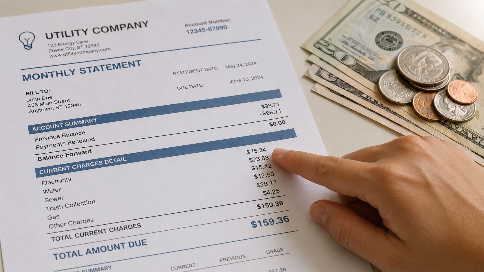 A person pointing to a utility company bill with various service charges and cash on the table.
