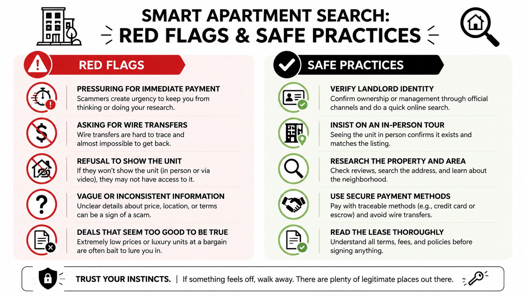 An infographic illustrating red flags and safe practices for individuals searching for an apartment to rent.