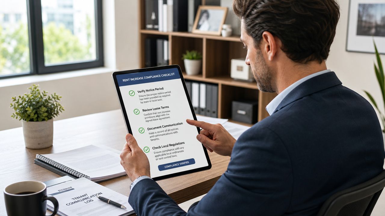 A professional man in a business suit reviewing a rent increase compliance checklist on a tablet computer.