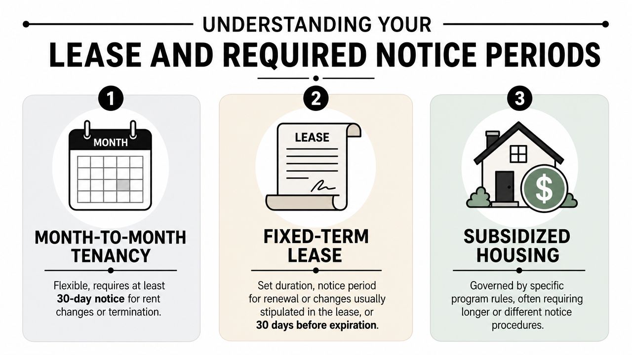 An infographic explaining notice periods for month-to-month, fixed-term, and subsidized housing rental agreements.