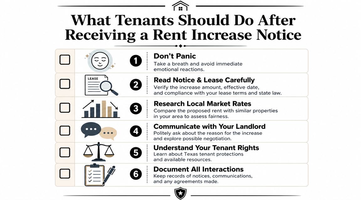 A checklist guide for tenants explaining six steps to take after receiving a rent increase notice.