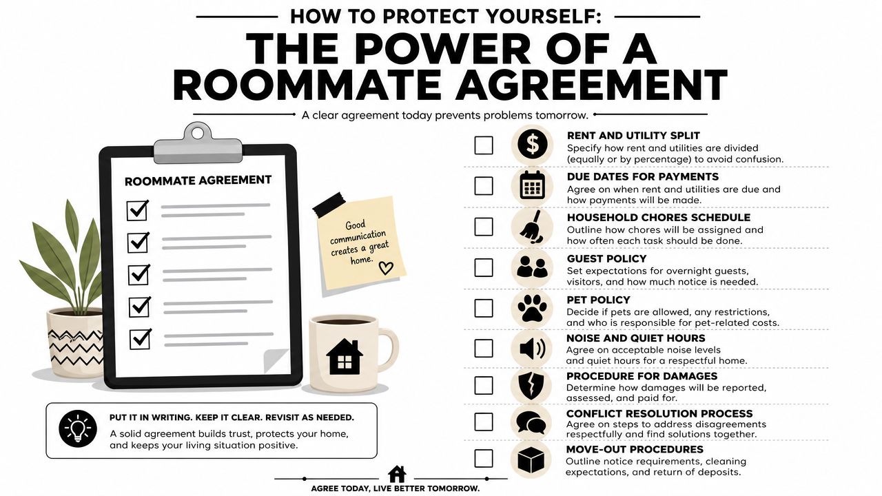 An infographic detailing the essential components of a roommate agreement for harmonious shared living arrangements.
