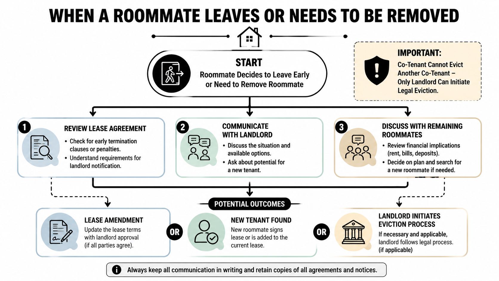 A flowchart explaining the step-by-step process for handling a roommate moving out or lease removal.