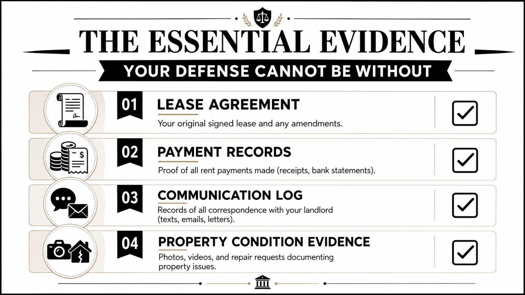 A checklist infographic listing four essential documents for tenant defense, including lease, payments, communications, and property photos.