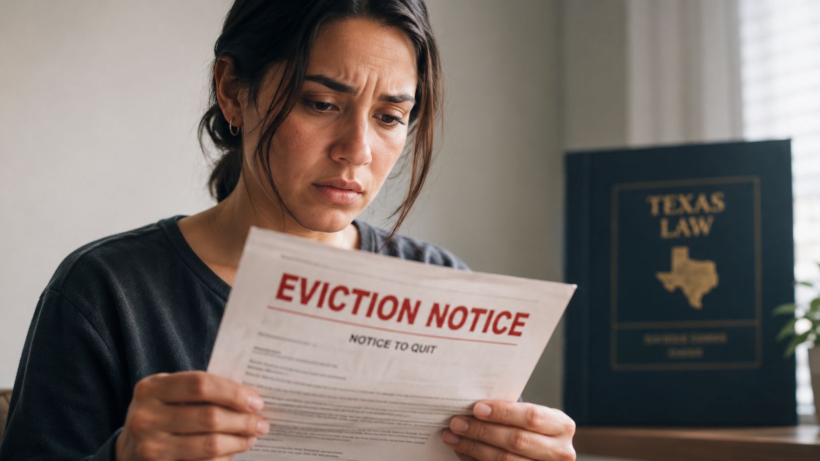 A distressed woman reading an official eviction notice document with a Texas Law book in the background.