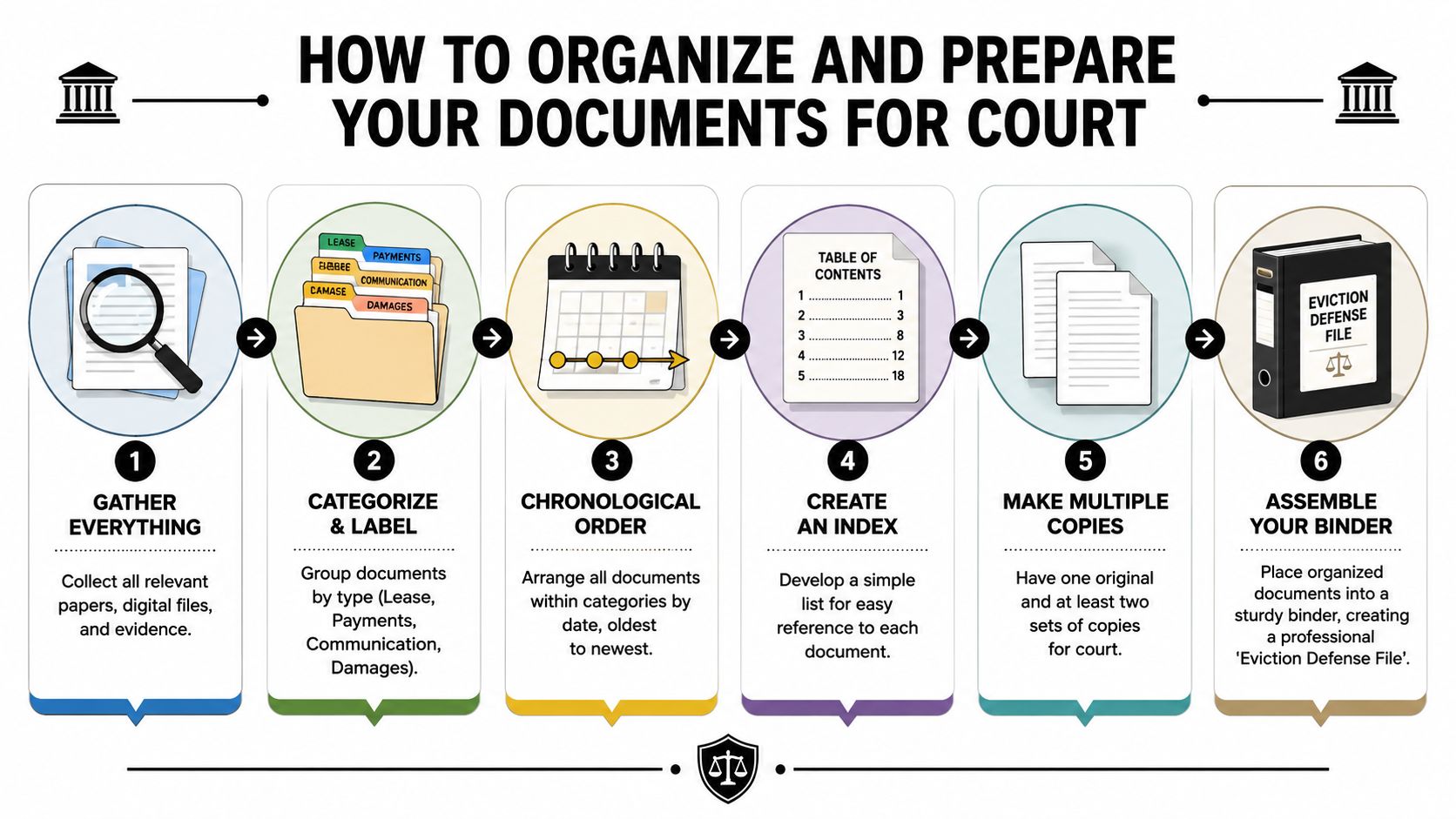 A six-step infographic showing how to organize and prepare legal documents for an eviction defense court case.