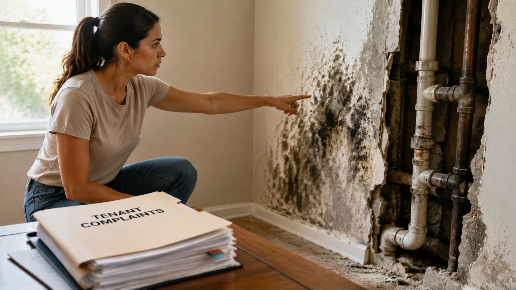 A concerned woman pointing at significant black mold growth on a wall behind exposed plumbing pipes.