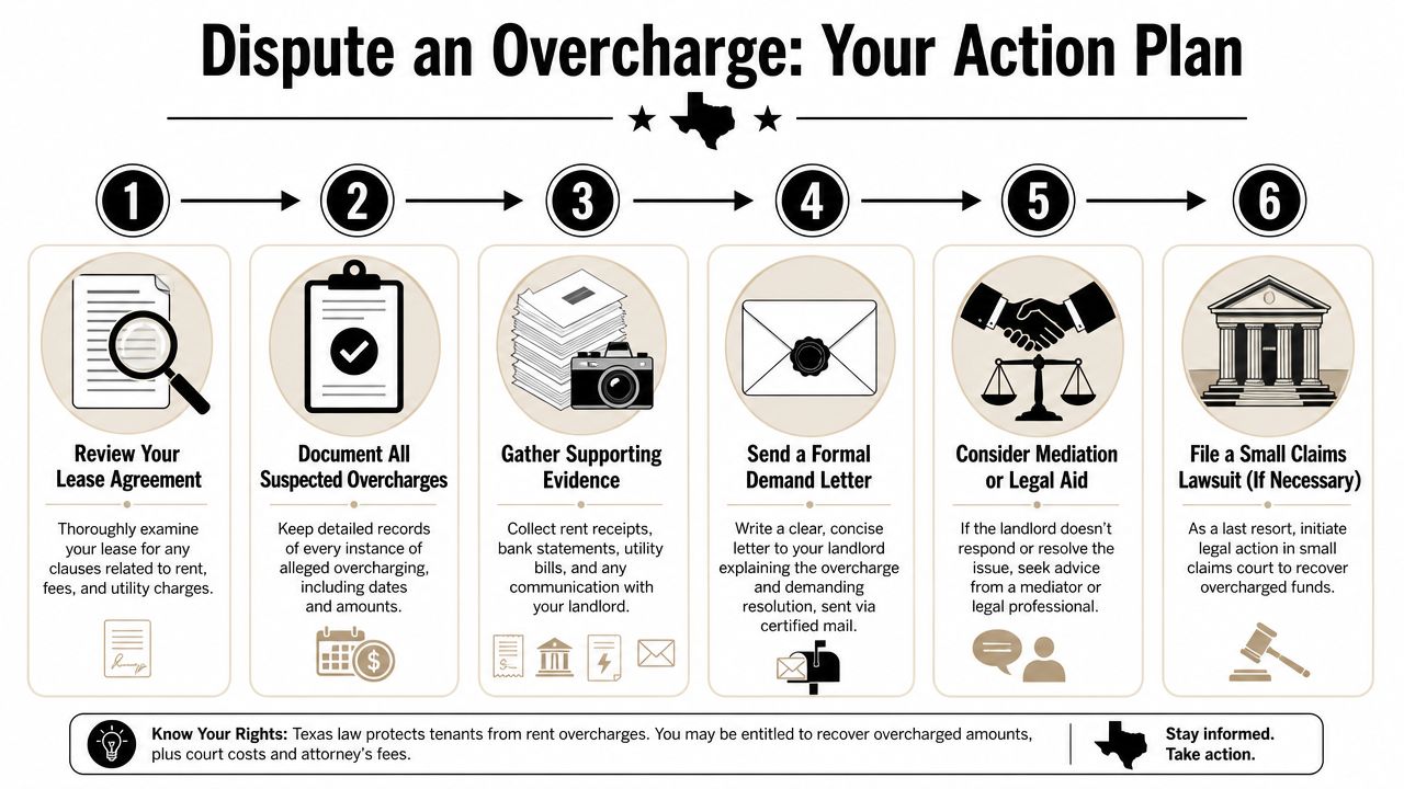 A six-step infographic detailing the process for Texas tenants to dispute and resolve rental overcharge issues.
