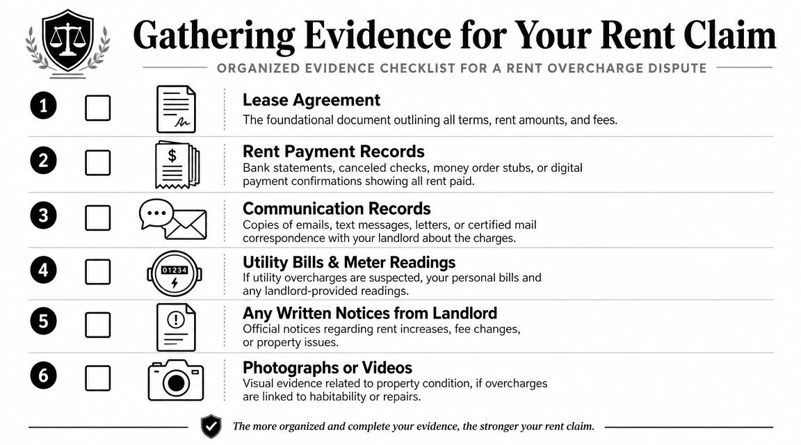 A checklist for gathering evidence to support a rent overcharge dispute with your landlord.