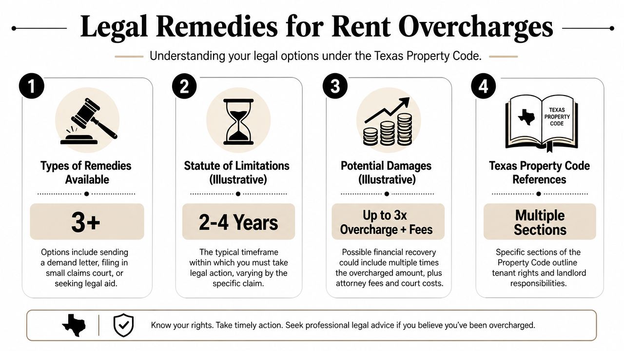 An infographic titled Legal Remedies for Rent Overcharges outlining four steps for tenants in Texas.